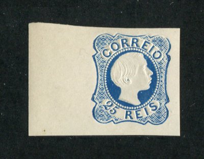 1855/6 - Afinsa nº 6. Reimpressão de 1885. D. Pedro V, cabelos lisos, 25 reis. Nova sem goma como emitido. EM BORDO DE FOLHA. Em boas condições.