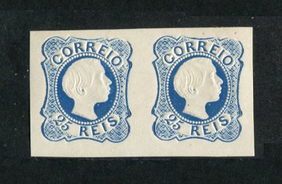 1855/6 - Afinsa nº 6. Reimpressão de 1885. D. Pedro V, cabelos lisos, 25 reis. Nova sem goma como emitido. EM PAR. Em boas condições.