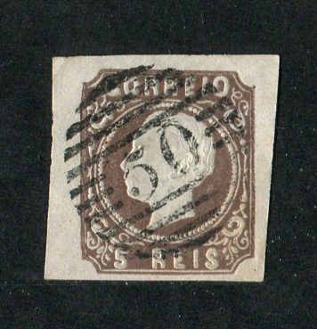 1862/4 - Afinsa nº 14. D. Luís I. Selo de 5 reis usado. Cunho I. Boas margens. Em boas condições. Precursor dos Açores - Carimbo 50 - Ponta Delgada. EXEMPLAR NORMAL.