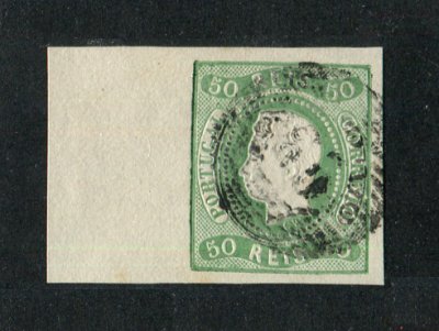 1866/7 - Afinsa nº 23. D. Luís I, fita curva. EXEMPLAR DE LUXO. Selo de 50 reis usado. Boas margens, BORDO DE FOLHA. Em boas condições.