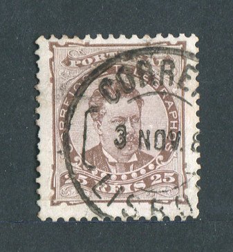 1882/83 - Afinsa nº 57. D. Luis I de frente. Selo de 25 reis usado. Papel porcelana, denteado 11 1/2. Em boas condições.