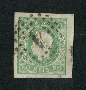 1866/7 - Afinsa nº 23. D. Luís I, fita curva. EXEMPLAR DE LUXO. Selo de 50 reis usado. Boas margens. Em boas condições.