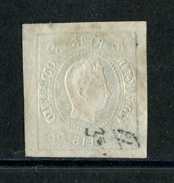 1866/7 - Afinsa nº 23. D. Luís I, fita curva. EXEMPLAR DE LUXO. Selo de 50 reis usado. Boas margens. Em boas condições.