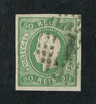 1866/7 - Afinsa nº 23. D. Luís I, fita curva. Selo de 50 reis usado. Boas margens. Em boas condições. EXEMPLAR NORMAL.