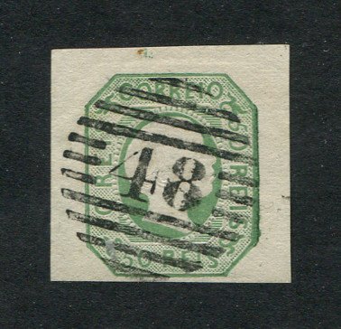 1855/56 - Afinsa nº 8. D. Pedro V, cabelos lisos. Selo de 50 reis usado. Precursor dos Açores - Carimbo 48 - Angra do Heroísmo. Boas margens. Em boas condições. EXEMPLAR NORMAL.