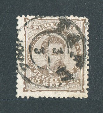 1882/83 - Afinsa nº 57a. D. Luis I de frente. Selo de 25 reis usado. Papel porcelana, denteado 12 1/2. CARIMBO DE FAFE. Tem um canto curto.