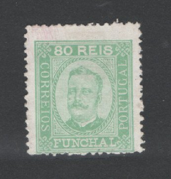 1892 - Afinsa nº 8. D. Carlos I. Selo de 80 reis novo, SEM GOMA. Papel porcelana, denteado 12 1/2. Em boas condições.
