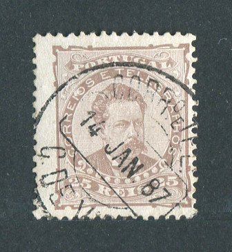 1882/83 - Afinsa nº 57a. D. Luis I de frente. Selo de 25 reis usado. Papel porcelana, denteado 12 1/2. CARIMBO DE CASTELO DE VIDE. Pequena transparência.