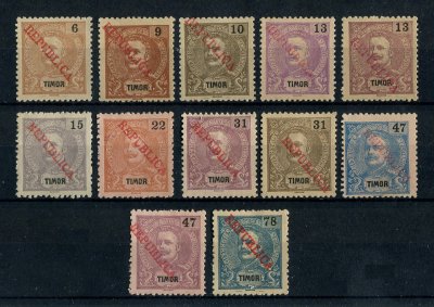 1913 - Afinsa nº 149/160. D. Carlos com sobrecarga local REPUBLICA. Série completa nova sem goma como emitidos. Em boas condições.