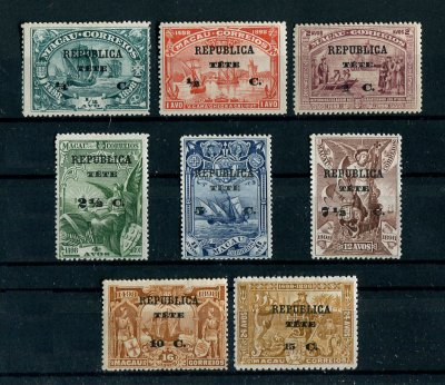 1913 - Afinsa nº 9/16. 4º Centenário ... para a índia. Sobre selos de Macau. Série completa nova, SEM GOMA. Em boas condições.