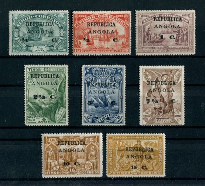 1913 - Afinsa nº 134/141. 4º Centenário...para a India. Angola sobre Timor com República. Série completa nova, SEM GOMA. Em boas condições.