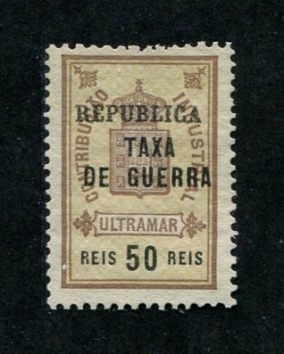 1919 - Imposto postal nº 2. TAXA DE GUERRA. Selo de 50 reis novo sem goma como emitido. Em boas condições.