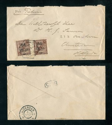 1904 - Carta de Lourenço Marques para a Holanda. Selos de 65r/2 1/2r (2). Carimbo de chegada no verso. Em boas condições.