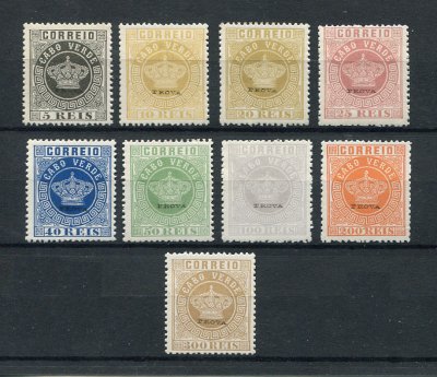 1877 - Afinsa nº 1/9. Tipo Coroa. Reimpressões de 1885 com sobrecarga PROVA. Série completa. Sem goma como emitidos. Em boas condições.