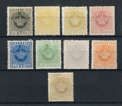 1877 - Afinsa nº  1/9. Tipo Coroa. Reimpressões de 1885. Série completa. Sem goma como emitidos. Em boas condições.