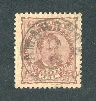 1882/83 - Afinsa nº 57c. D. Luis I de frente. Selo de 25 reis usado. Papel liso, denteado 11 1/2. CARIMBO DE AMARANTE. Em boas condições.