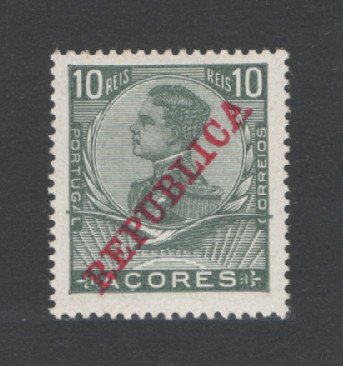1911 - Afinsa nº 123b. D. Manuel II com sobrecarga REPUBLICA. Selo de 10 reis novo, COM CHARNEIRA (*) e goma original. PAPEL PORCELANA ESPESSO. Em boas condições.
