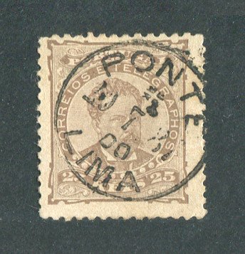 1882/83 - Afinsa nº 57c. D. Luis I de frente. Selo de 25 reis usado. Papel liso, denteado 11 1/2. CARIMBO DE PONTE DE LIMA. Em boas condições.