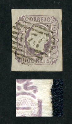 1862/4 - Afinsa nº 18a. D. Luís I.Selo de 100 reis usado. Boas margens. FENDA NA CERCADURA (nº 18a). Cunho ligeiramente aberto. EXEMPLAR DE 2ª ESCOLHA.