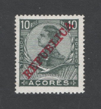 1911 - Afinsa nº 123a. D. Manuel II com sobrecarga REPUBLICA. Selo de 10 reis novo, COM CHARNEIRA (*) e goma original. PAPEL PORCELANA ORDINÁRIO. Em boas condições.