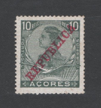 1911 - Afinsa nº 123a. D. Manuel II com sobrecarga REPUBLICA. Selo de 10 reis novo, SEM GOMA. PAPEL PORCELANA ORDINÁRIO. Em boas condições.