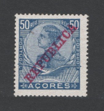 1911 - Afinsa nº 127a. D. Manuel II com sobrecarga REPUBLICA. Selo de 50 reis novo, SEM GOMA. PAPEL PORCELANA ORDINÁRIO. Em boas condições.