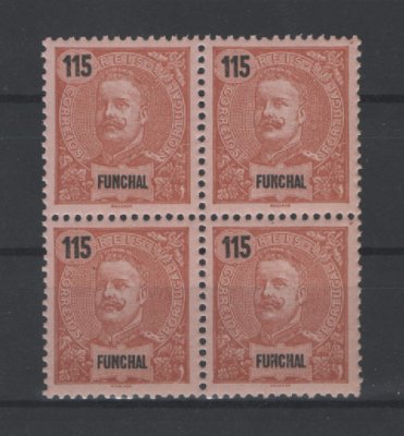 1898 - Afinsa nº 32. D. Carlos I. Selos de 115 reis EM QUADRA. Novos SEM CHARNEIRA (**) e com goma original. Em boas condições.