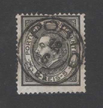 1880/81 - Afinsa nº 52. D. Luis I, de perfil. Selo de 5 reis usado. Papel liso, denteado 12 1/2. Em boas condições.