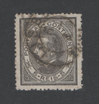 1880/81 - Afinsa nº 52B. D. Luis I, de perfil. Selo de 5 reis usado. Papel liso, denteado 13 1/2. Em boas condições.