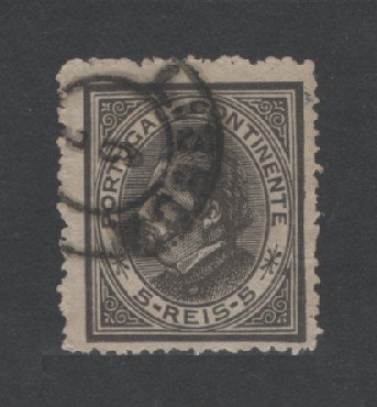 1880/81 - Afinsa nº 52B. D. Luis I, de perfil. Selo de 5 reis usado. Papel liso, denteado 13 1/2. Em boas condições.