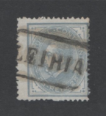 1880/81 - Afinsa nº 53. D. Luis I, de perfil. Selo de 25 reis usado. Papel liso, denteado 12 1/2. Com Carimbo NOMINATIVO de LEIRIA. Em boas condições.