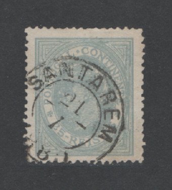 1880/81 - Afinsa nº 53A. D. Luis I, de perfil. Selo de 25 reis usado. Papel liso, denteado 13 1/2. Carimbo de Santarém. Em boas condições.