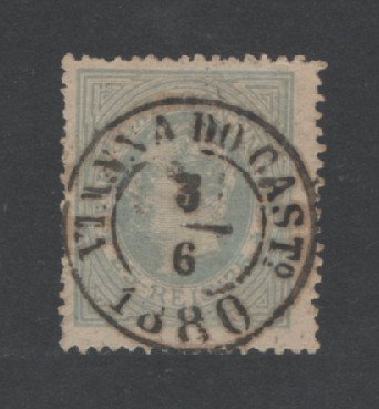 1880/81 - Afinsa nº 53A. D. Luis I, de perfil. Selo de 25 reis usado. Papel liso, denteado 13 1/2. Carimbo de Viana do Castelo. Em boas condições.
