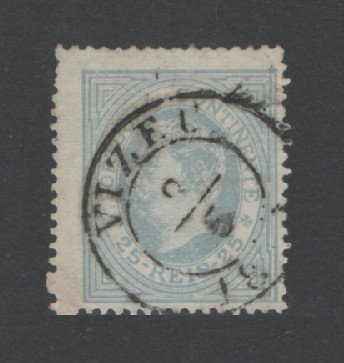 1880/81 - Afinsa nº 53A. D. Luis I, de perfil. Selo de 25 reis usado. Papel liso, denteado 13 1/2. Carimbo de Viseu (Vizeu). Em boas condições.