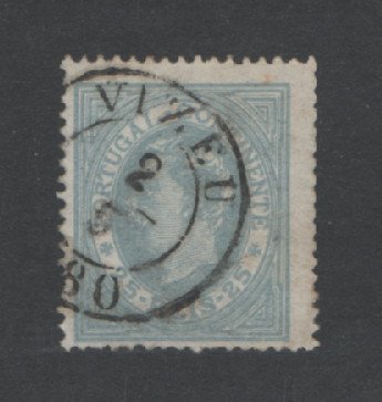 1880/81 - Afinsa nº 53A. D. Luis I, de perfil. Selo de 25 reis usado. Papel liso, denteado 13 1/2. Carimbo de Viseu (Vizeu). Em boas condições.