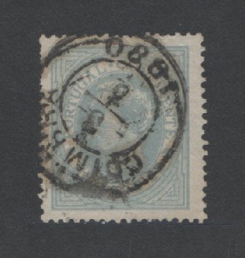 1880/81 - Afinsa nº 53A. D. Luis I, de perfil. Selo de 25 reis usado. Papel liso, denteado 13 1/2. Carimbo de Coimbra. Em boas condições.
