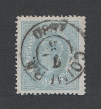 1880/81 - Afinsa nº 53A. D. Luis I, de perfil. Selo de 25 reis usado. Papel liso, denteado 13 1/2. Carimbo de Coimbra. Em boas condições.