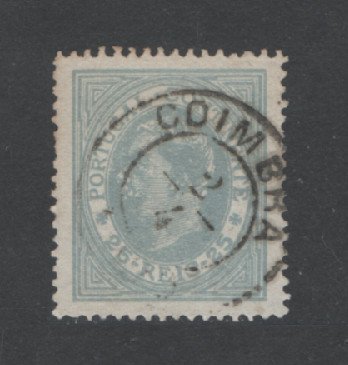 1880/81 - Afinsa nº 53A. D. Luis I, de perfil. Selo de 25 reis usado. Papel liso, denteado 13 1/2. Carimbo de Coimbra. Em boas condições.