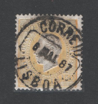 1879/80 - Afinsa nº 51E. D. Luis I fita direita, novas cores. Selo 150 reis usado. AMARELO CLARO. Papel porcelana, denteado 13 1/2. Tem um carimbo muito forte.