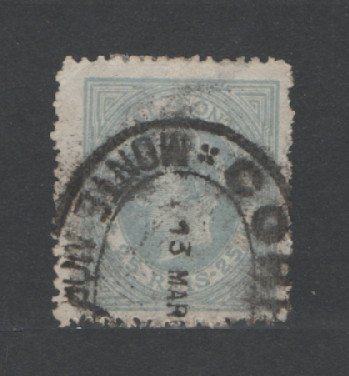 1880/81 - Afinsa nº 53. D. Luis I, de perfil.Selo de 25 reis usado. Papel liso, denteado 12 1/2. CARIMBO DE MONTEMOR. Pequena transparência.