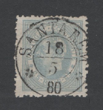 1880/81 - Afinsa nº 53. D. Luis I, de perfil. Selo de 25 reis usado. Papel liso, denteado 12 1/2. CARIMBO DE SANTARÉM. Pequeno vinco.