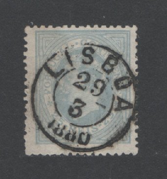 1880/81 - Afinsa nº 53. D. Luis I, de perfil. Selo de 25 reis usado. Papel liso, denteado 12 1/2. Pequeno vinco.