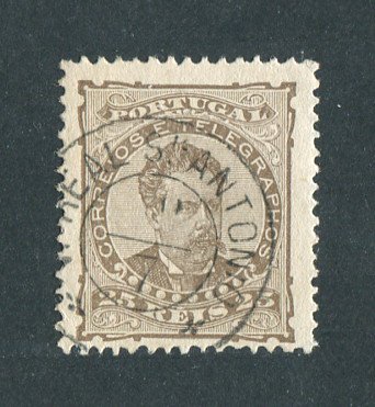 1882/83 - Afinsa nº 57d. D. Luis I de frente. Selo de 25 reis usado. Papel liso, denteado 12 1/2. CARIMBO DE VILA REAL DE SANTO ANTONIO. Em boas condições.
