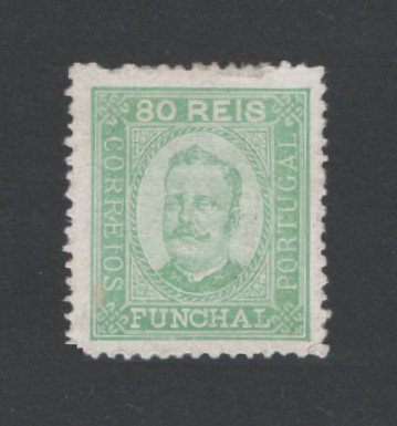 1892 - Afinsa nº 8. D. Carlos I. Selo de 80 reis novo, SEM GOMA. Papel porcelana, denteado 12 1/2. Pequena transparência e denteado irregular.