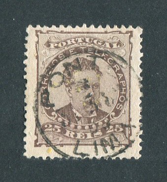 1882/83 - Afinsa nº 57d. D. Luis I de frente. Selo de 25 reis usado. Papel liso, denteado 12 1/2. CARIMBO DE PONTE DE LIMA. Em boas condições.