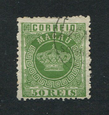 1884 - Afinsa nº 6. Tipo Coroa. Selo de 50 reis usado. Denteado 12 1/2. Em boas condições.