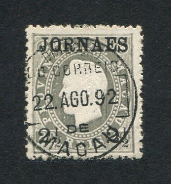 1892 - Afinsa nº 44. D. Luis I com sobretaxa. Selo de 2 1/2r/80r usado. Denteado 12 1/2. Em boas condições.