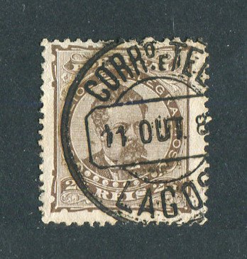 1882/83 - Afinsa nº 57d. D. Luis I de frente. Selo de 25 reis usado. Papel liso, denteado 12 1/2. CARIMBO DE LAGOS. Em boas condições.