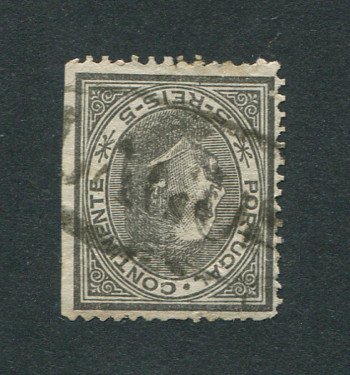 1880/81 - Afinsa nº 52. D. Luis I, de perfil. Selo de 5 reis usado. Papel liso, denteado 12 1/2. Com Carimbo NOMINATIVO de LAGOS. Tem o denteado irregular.