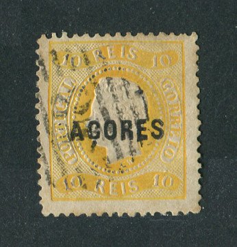1868 - Afinsa nº 8. D. Luis I. Fita curva. Selos de 10 reis USADO. Pequena transparência e cunho ligeiramente aberto.